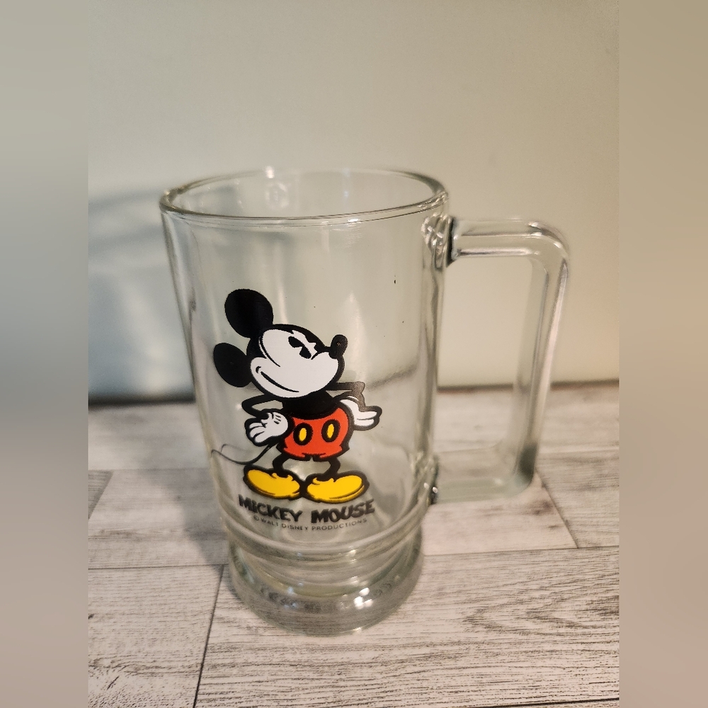 Vintage Walt Disney MICKEY MOUSE Clear Glass Beer Mug Cup with Handle